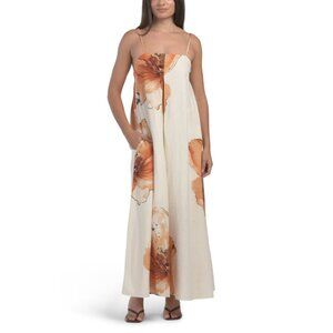 CYNTHIA ROWLEY Brown/orange Linen Blend Sleeveless Maxi Dress